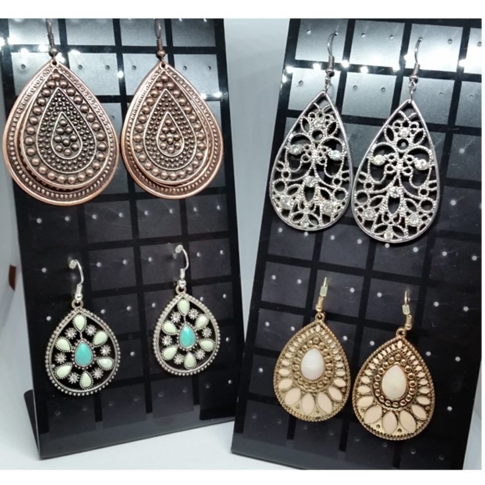 Bundle Lot 4 Boho Tear-Drop Beaded Earrings Bejeweled Dressy to Casual Dangle